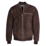 WeeBroz Men's Brown Suede Leather Bomber Varsity Jacket Minimalist Design