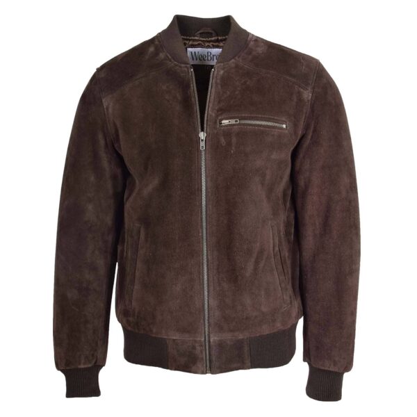 WeeBroz Men's Brown Suede Leather Bomber Varsity Jacket Minimalist Design - Image 1