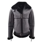WeeBroz Men's Grey RAF Sheepskin Leather Bomber Jacket with Black Shearling