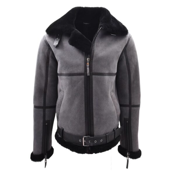 WeeBroz Men's Grey RAF Sheepskin Leather Bomber Jacket with Black Shearling - Image 1