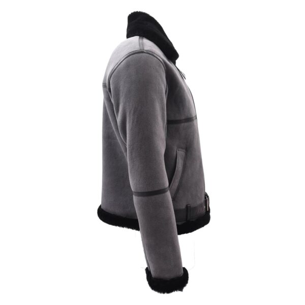 WeeBroz Men's Grey RAF Sheepskin Leather Bomber Jacket with Black Shearling - Image 3