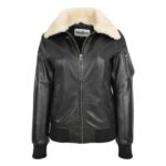 WeeBroz Women’s Black Leather Bomber Jacket Removable Collar Style