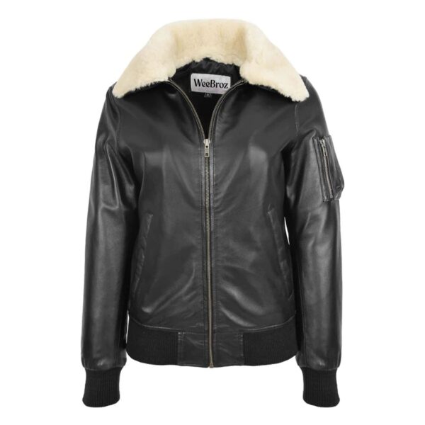 WeeBroz Women’s Black Leather Bomber Jacket Removable Collar Style - Image 1