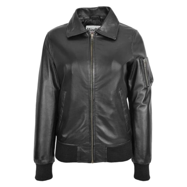 WeeBroz Women’s Black Leather Bomber Jacket Removable Collar Style - Image 3
