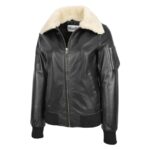 WeeBroz Women’s Black Leather Bomber Jacket Removable Collar Style - Image 4