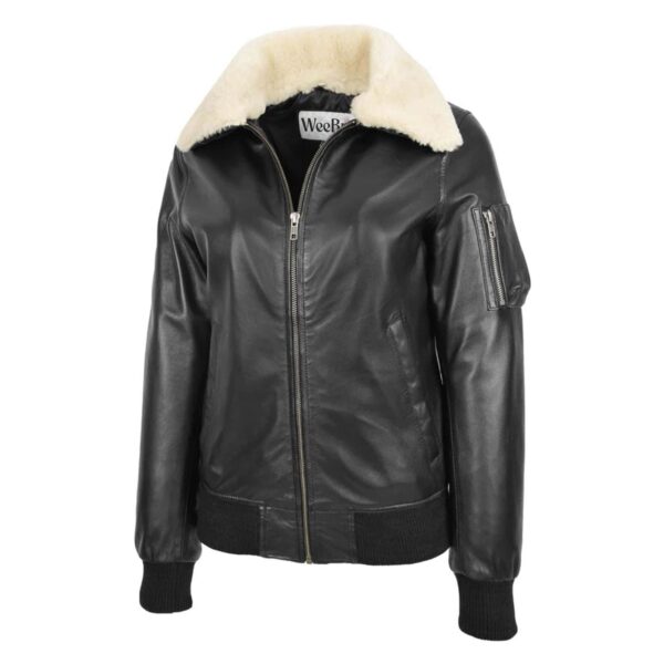 WeeBroz Women’s Black Leather Bomber Jacket Removable Collar Style - Image 4