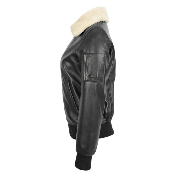 WeeBroz Women’s Black Leather Bomber Jacket Removable Collar Style - Image 5