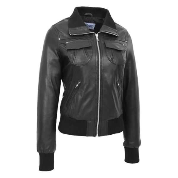 WeeBroz Women’s Black Leather Bomber Jacket Classic Style - Image 3