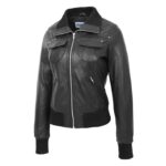 WeeBroz Women’s Black Leather Bomber Jacket Classic Style - Image 4