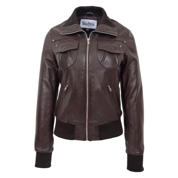 WeeBroz Women’s Brown Leather Bomber Jacket Edgy Women's Fashion - Image 1