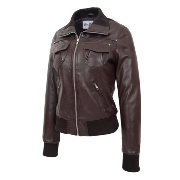 WeeBroz Women’s Brown Leather Bomber Jacket Edgy Women's Fashion - Image 4