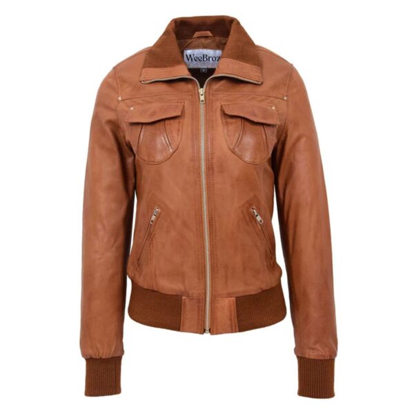 WeeBroz Women’s Tan Leather Bomber Jacket Slim Fit Leather Jacket - Image 1