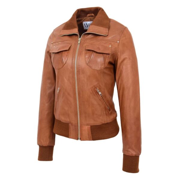 WeeBroz Women’s Tan Leather Bomber Jacket Slim Fit Leather Jacket - Image 4