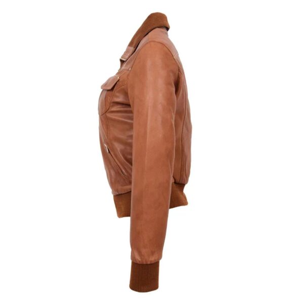 WeeBroz Women’s Tan Leather Bomber Jacket Slim Fit Leather Jacket - Image 5