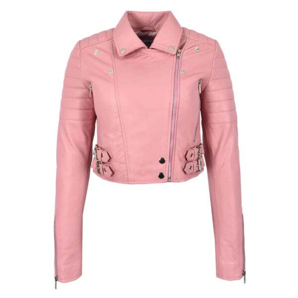 WeeBroz Women's Pink Leather Biker Jacket Edgy Feminine Style - Image 3