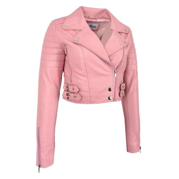 WeeBroz Women's Pink Leather Biker Jacket Edgy Feminine Style - Image 4