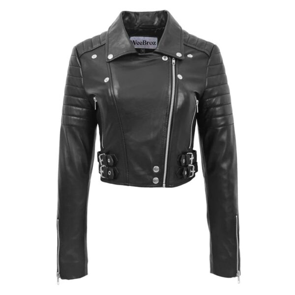 WeeBroz Women's Black Leather Biker Jacket Cropped Biker Style - Image 3