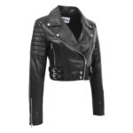 WeeBroz Women's Black Leather Biker Jacket Cropped Biker Style - Image 4