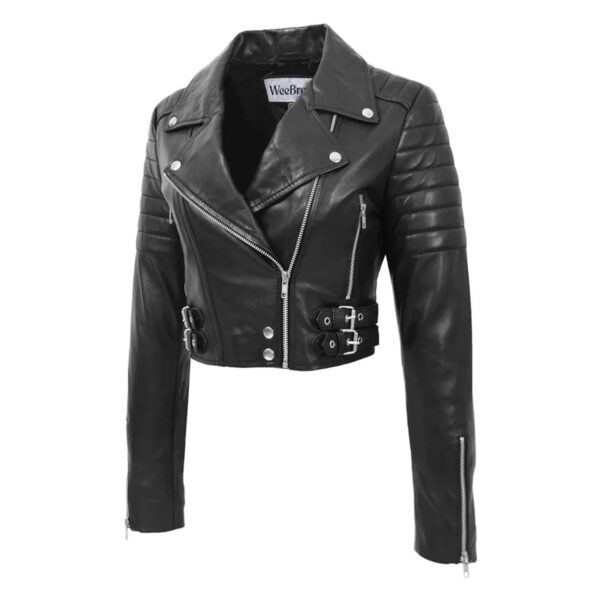 WeeBroz Women's Black Leather Biker Jacket Cropped Biker Style - Image 5