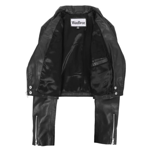 WeeBroz Women's Black Leather Biker Jacket Cropped Biker Style - Image 7