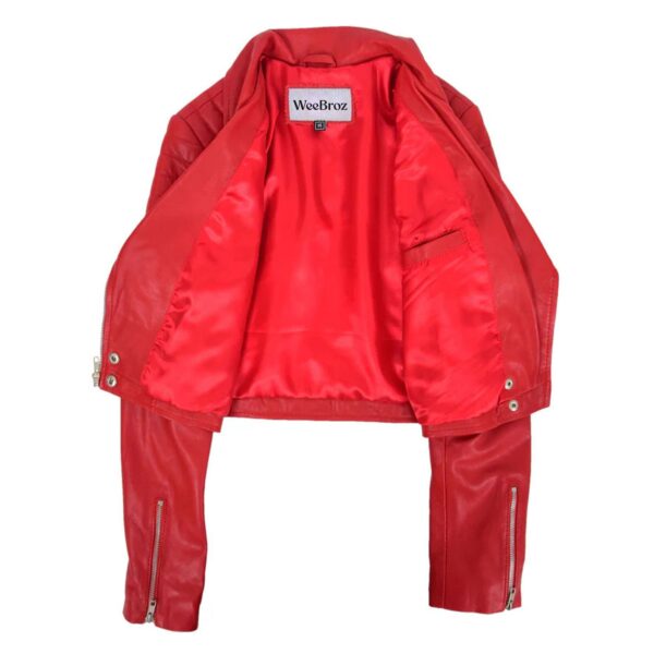 WeeBroz Women's Red Leather Biker Jacket Edgy Street Style - Image 7