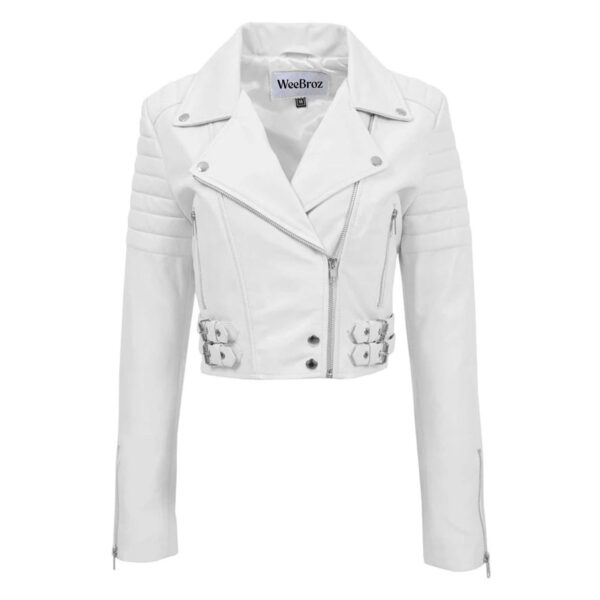 WeeBroz Women's White Leather Biker Jacket Cropped Leather Jacket - Image 1