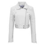 WeeBroz Women's White Leather Biker Jacket Cropped Leather Jacket - Image 3