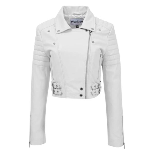 WeeBroz Women's White Leather Biker Jacket Cropped Leather Jacket - Image 3