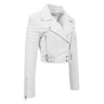 WeeBroz Women's White Leather Biker Jacket Cropped Leather Jacket - Image 4