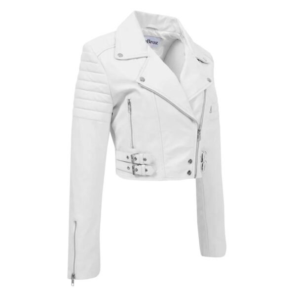 WeeBroz Women's White Leather Biker Jacket Cropped Leather Jacket - Image 4