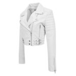 WeeBroz Women's White Leather Biker Jacket Cropped Leather Jacket - Image 5