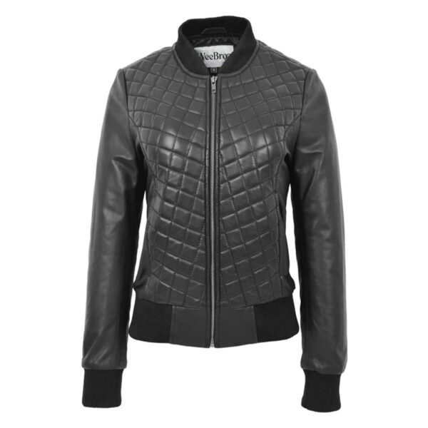 WeeBroz Women’s Black Leather Bomber Jacket Varsity Quilted Style - Image 1