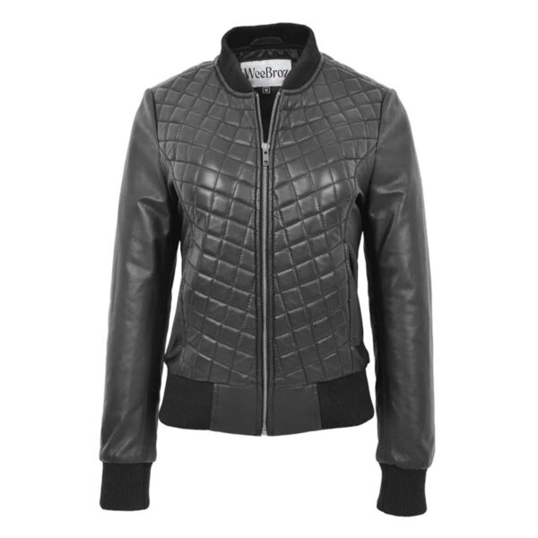 WeeBroz Women’s Black Leather Bomber Jacket Varsity Quilted Style - Image 3