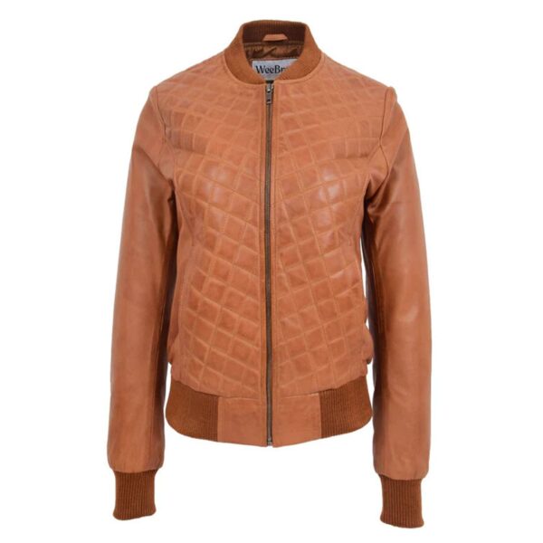 WeeBroz Women’s Tan Leather Bomber Jacket Quilted Style - Image 1