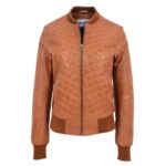 WeeBroz Women’s Tan Leather Bomber Jacket Quilted Style - Image 3