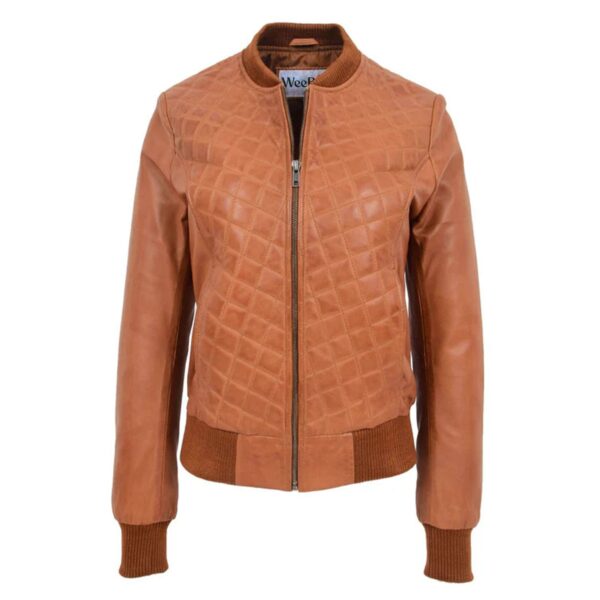 WeeBroz Women’s Tan Leather Bomber Jacket Quilted Style - Image 3