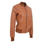 WeeBroz Women’s Tan Leather Bomber Jacket Quilted Style - Image 4