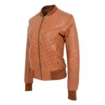 WeeBroz Women’s Tan Leather Bomber Jacket Quilted Style - Image 5
