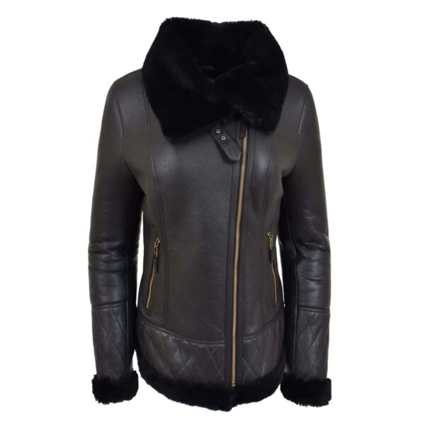 WeeBroz Women’s Black Leather Bomber Jacket Sheepskin Flight Jacket - Image 1