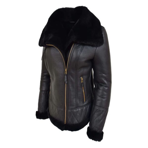WeeBroz Women’s Black Leather Bomber Jacket Sheepskin Flight Jacket - Image 5