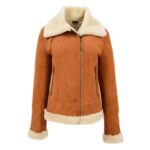 WeeBroz Women’s Tan Leather Bomber Jacket Sheepskin Aviator Style