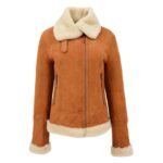 WeeBroz Women’s Tan Leather Bomber Jacket Sheepskin Aviator Style - Image 3