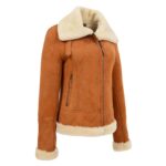 WeeBroz Women’s Tan Leather Bomber Jacket Sheepskin Aviator Style - Image 4