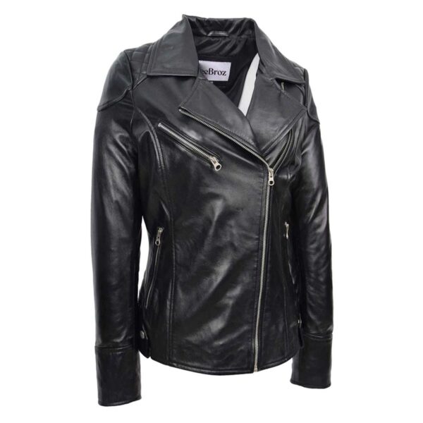 WeeBroz Women's Black Leather Biker Jacket Cross Zip Style - Image 1