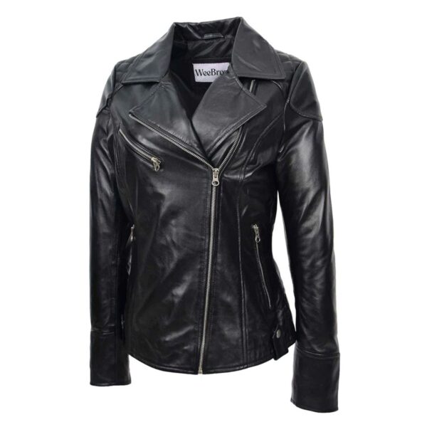 WeeBroz Women's Black Leather Biker Jacket Cross Zip Style - Image 3
