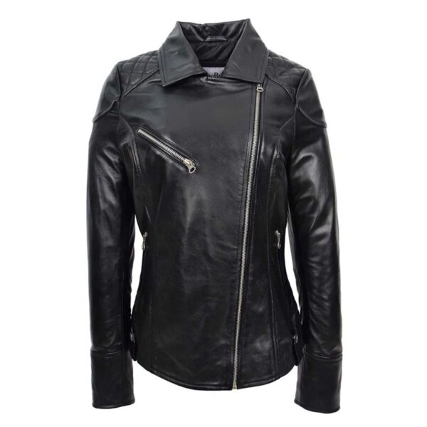WeeBroz Women's Black Leather Biker Jacket Cross Zip Style - Image 4