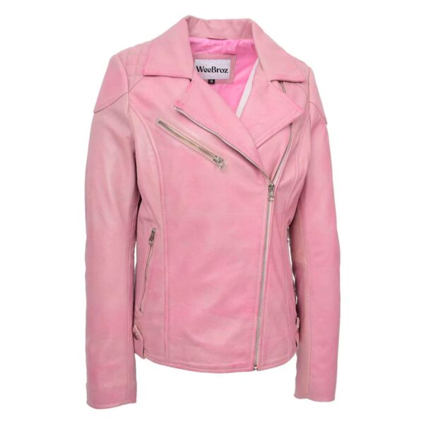 WeeBroz Women's Pink Leather Biker Jacket Timeless Casual Chic Biker Style - Image 3
