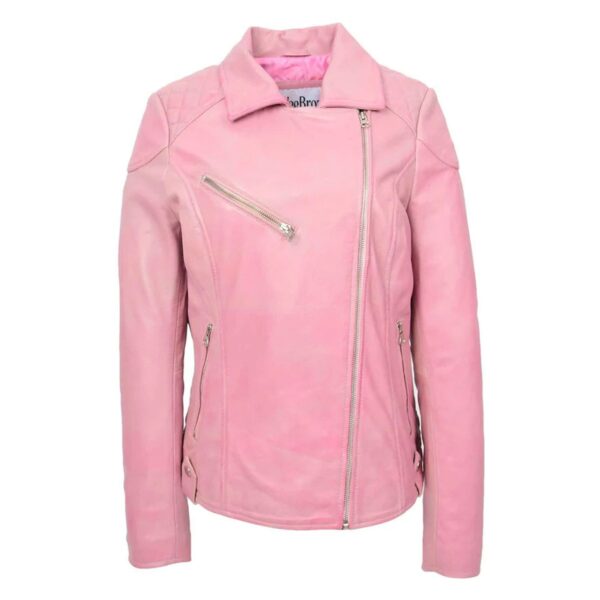 WeeBroz Women's Pink Leather Biker Jacket Timeless Casual Chic Biker Style - Image 4
