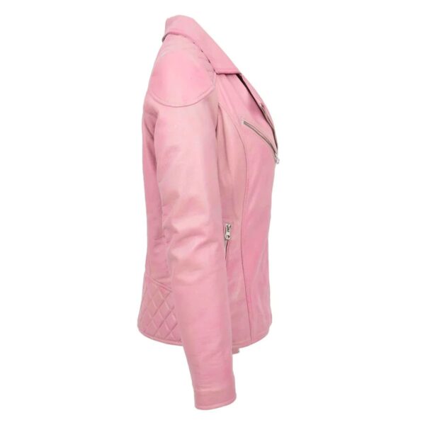 WeeBroz Women's Pink Leather Biker Jacket Timeless Casual Chic Biker Style - Image 5