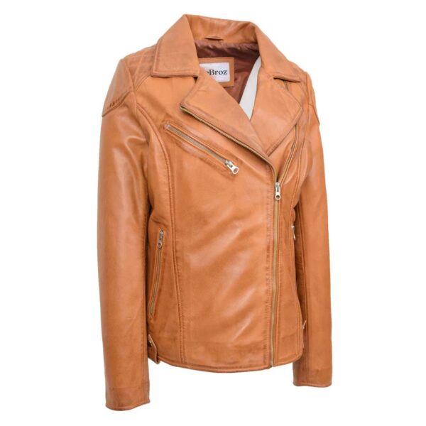 WeeBroz Women's Tan Leather Biker Jacket Timeless Outerwear - Image 1